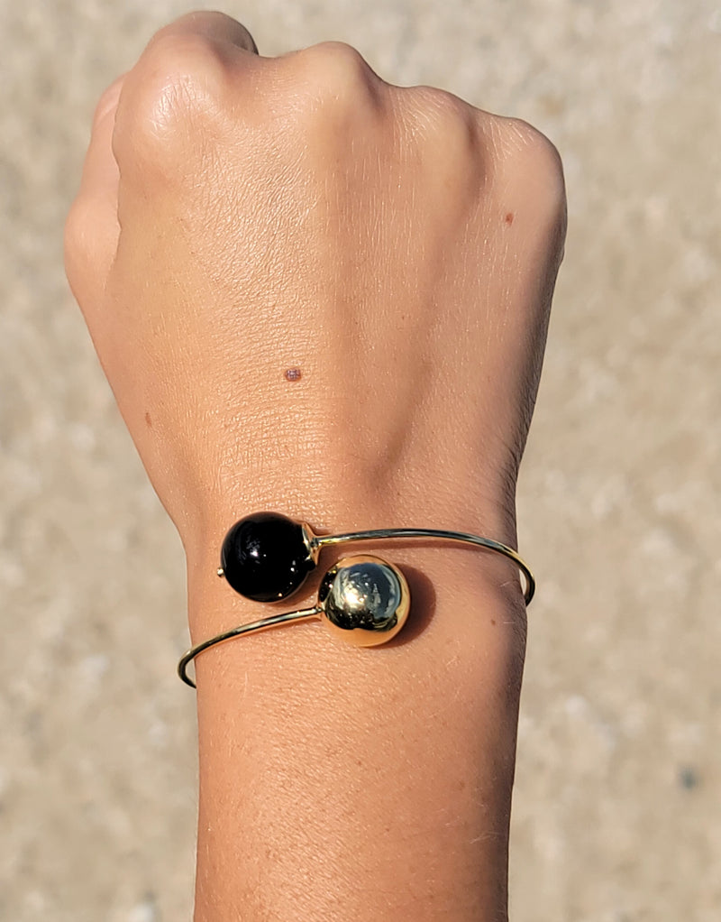 Yellow Gold Ball and Black Onyx Bangle - Mila Gems