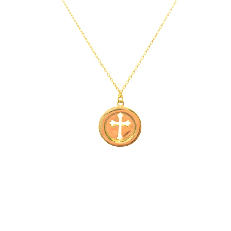 Yellow Gold Round Disc Cross Necklace - Mila Gems
