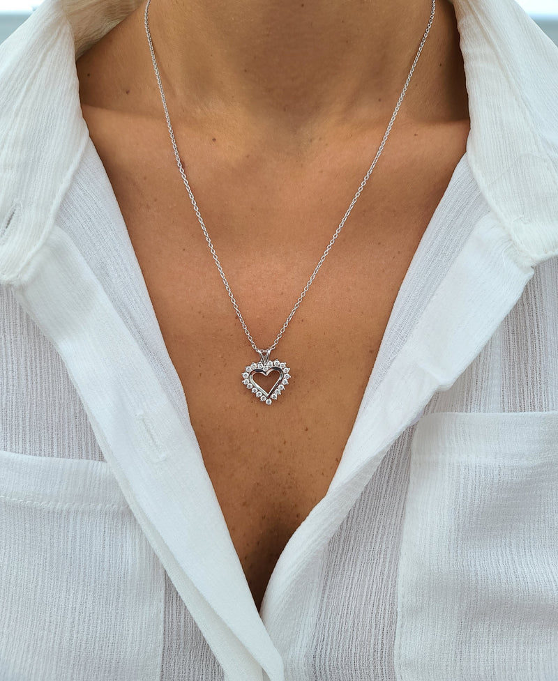 White Gold Open Heart Diamond Necklace - Mila Gems