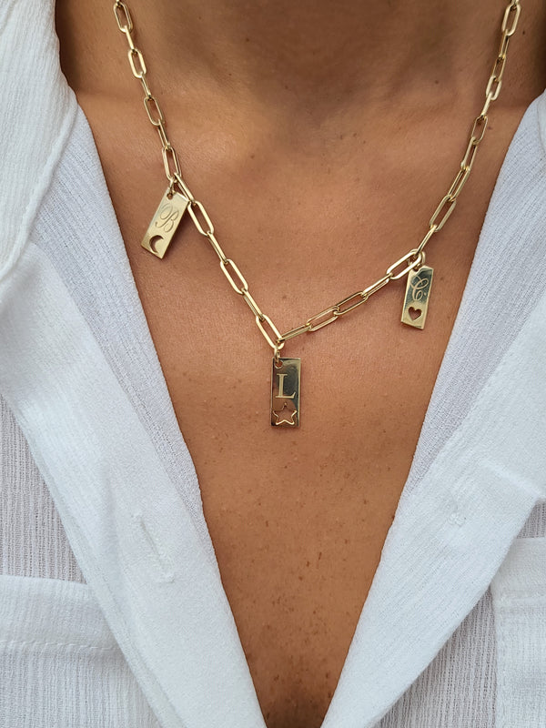 Yellow Gold Paper Clip Bar Initial Necklace - Mila Gems