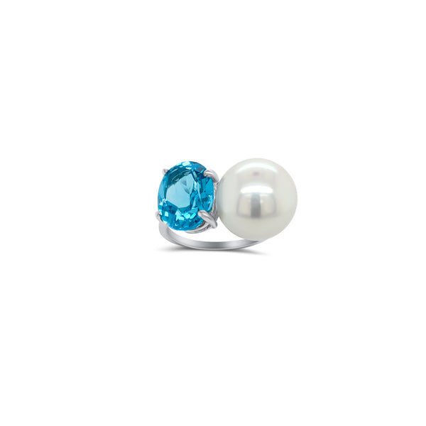 White Gold Blue Topaz and Pearl Ring - Mila Gems