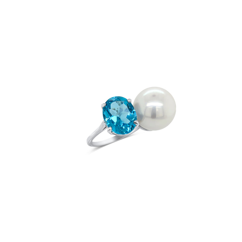 White Gold Blue Topaz and Pearl Ring - Mila Gems