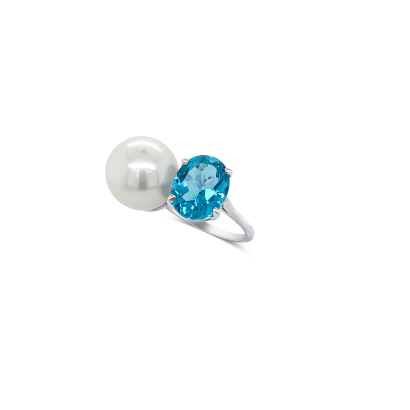 White Gold Blue Topaz and Pearl Ring - Mila Gems