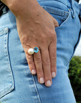 White Gold Blue Topaz and Pearl Ring - Mila Gems